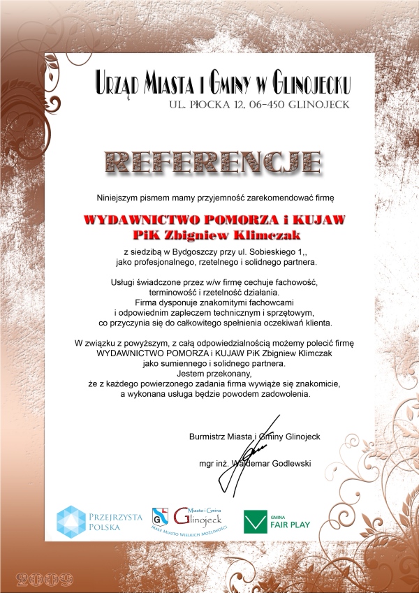 Podziękowania od burmistrza Miasta i Gminy Glinojeck dla Wydawnictwa PiK Bydgoszcz
